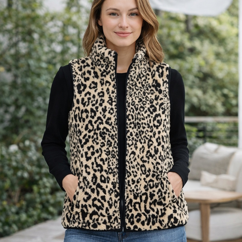 Chaps Ralph Lauren Leopard Fleece Vest Cozy Mob Wife Indie Sleaze Sz L Cabincore